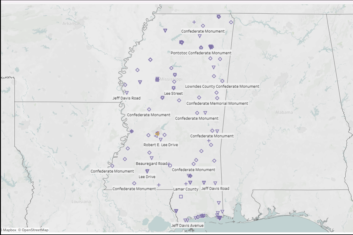 Interactive map of Mississippi's Confederate monuments